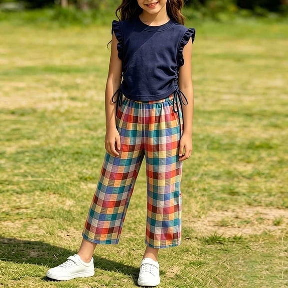 LJEFF Girls 2 PC Ruffle Sleeve Plaid Capri Set, Elastic Waist Lightweight Sleeveless Soft Kids Summer Outfit Navy Size 6 Years