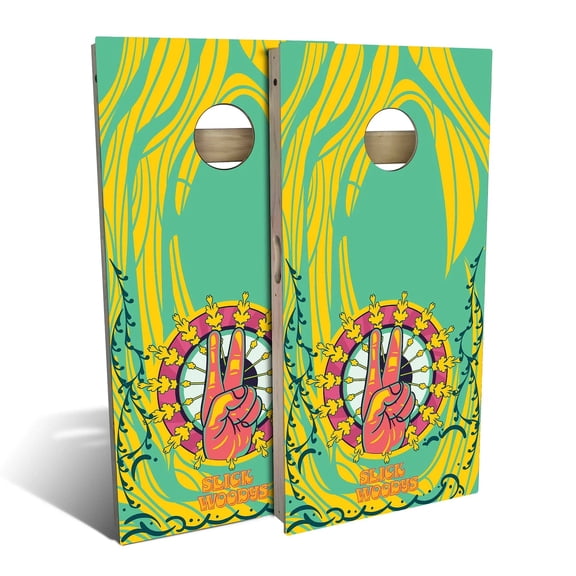 Skip's Garage | 70s Peace Hands Cornhole Board Set | Includes Boards & Bags | Choose Your Size & Accessories
