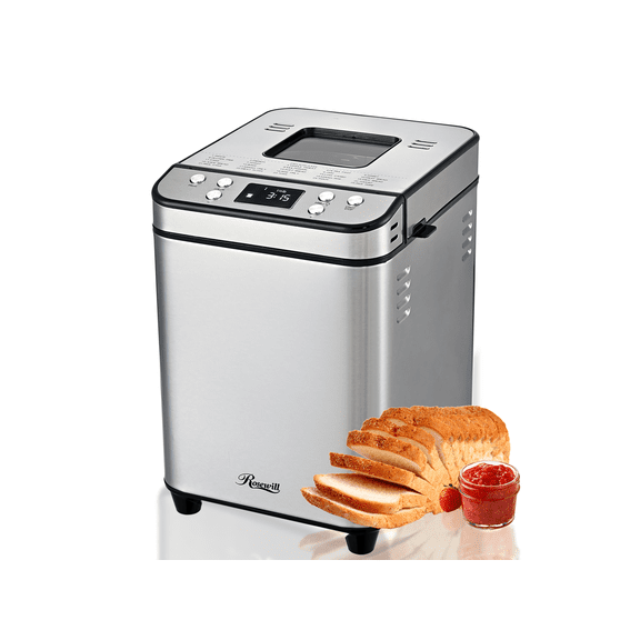 Rosewill 25-in-1 Automatic Bread Maker Machine with 3 Loaf Size up to 2LB, 700W High Power Dual Heater Bread Maker with BPA-free Nonstick Coating Pan, Max 15 Hours Delay Timer, Low Noise - Silver