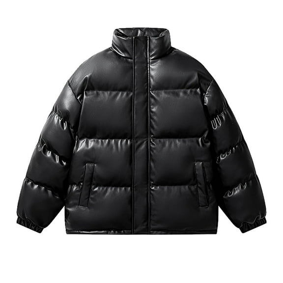 Men's Thickened Puffer Jackets Solid Color PU Leather Zipper Outfit Outdoor Padded Coat Thermal Snowboard Jacket Green 3XL