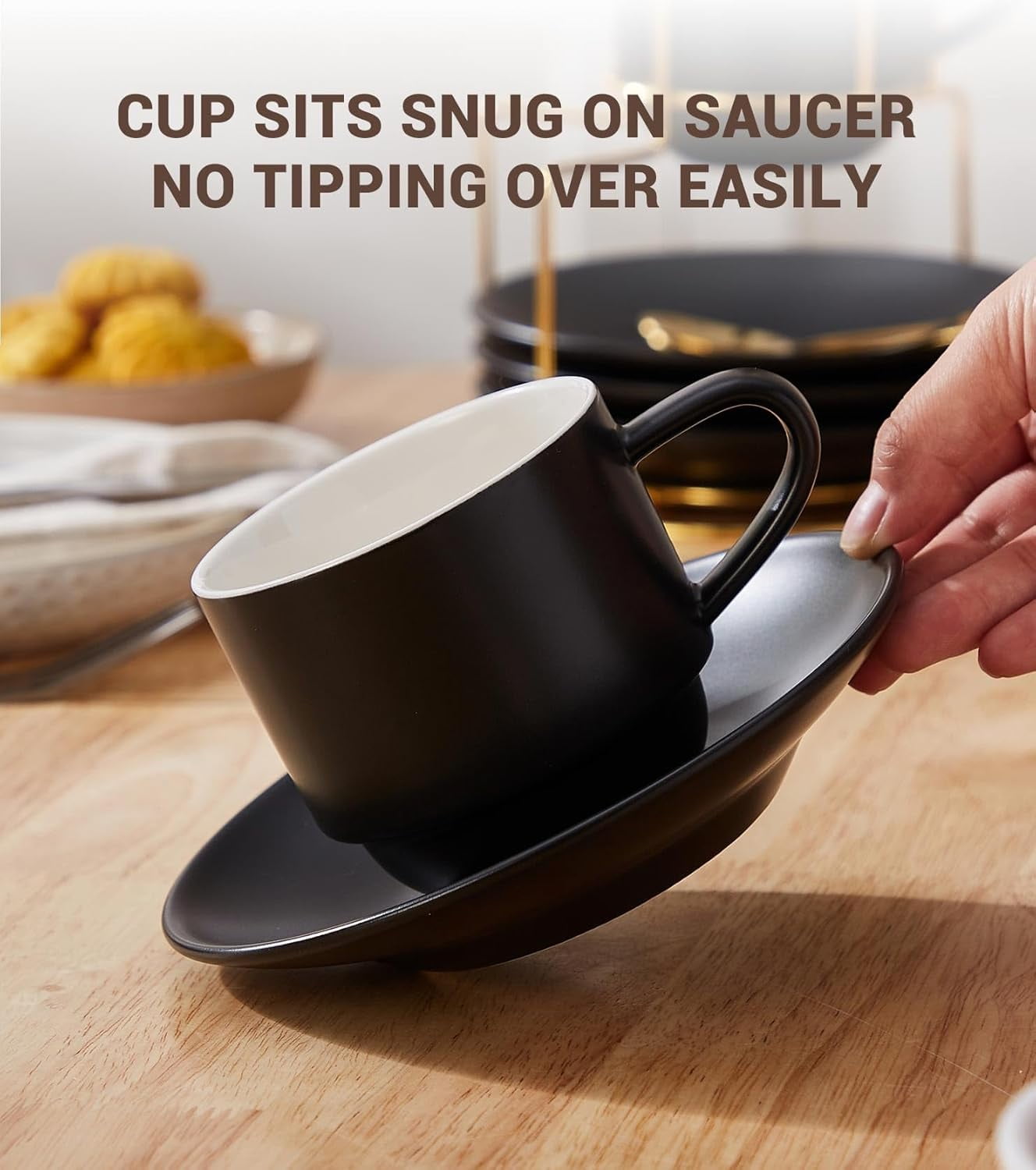 Lareina 3-Ounce Espresso Cups Set of 4, Small Stackable Coffee Cups with Saucers, Spoons and Metal Stand, Ceramic Demitasse Mugs, Espresso Accessories for Machine, Black