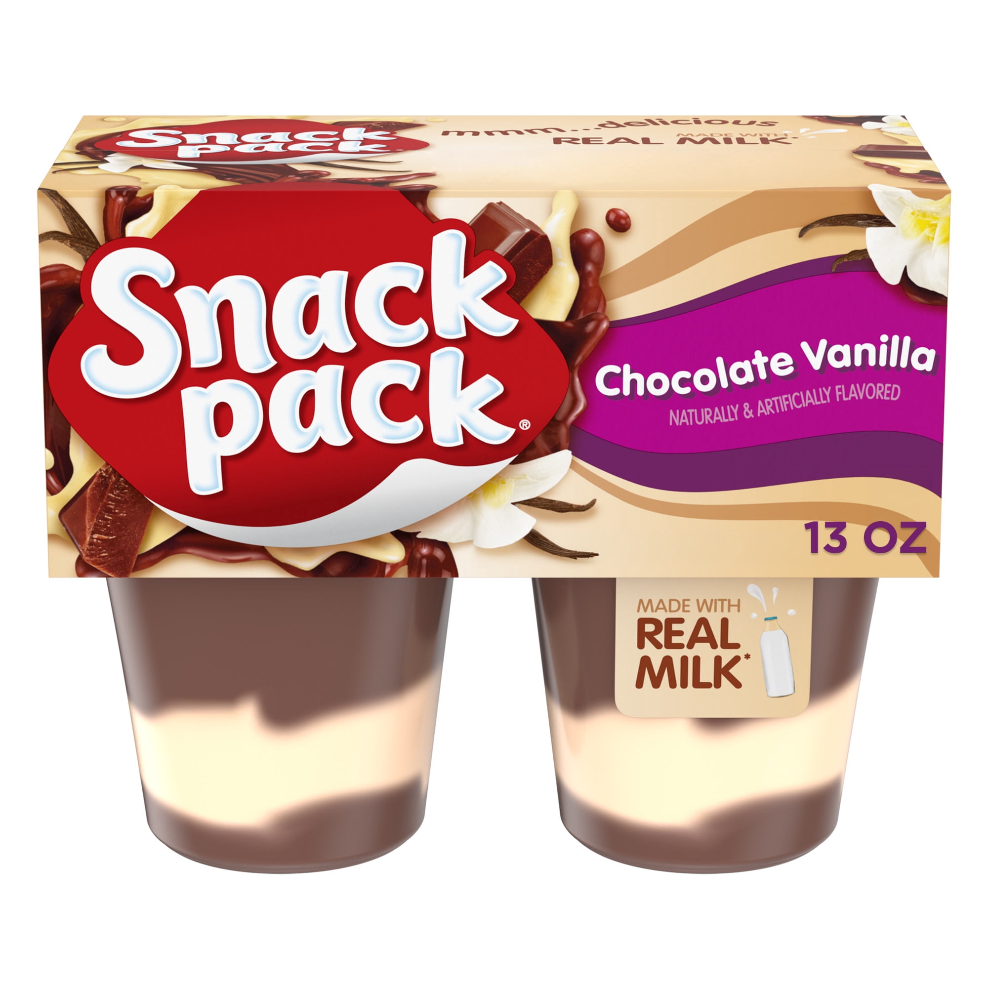 (8 pack) Snack Pack Chocolate Vanilla Flavored Pudding, 3.25 oz Pudding Cups, 4 Count