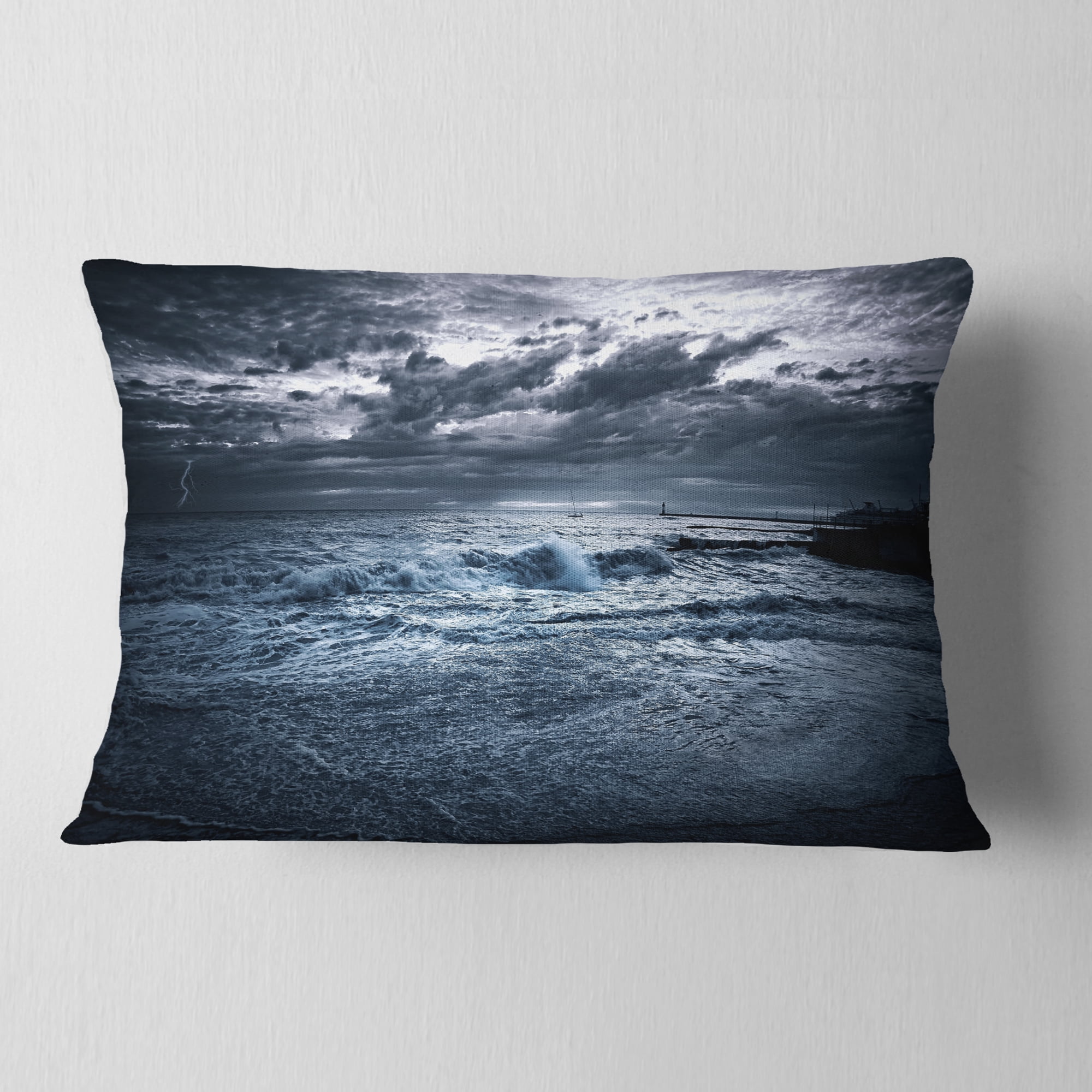 Designart Sochi Sea Storm in Blue - Modern Landscape Printed Throw Pillow - 12x20