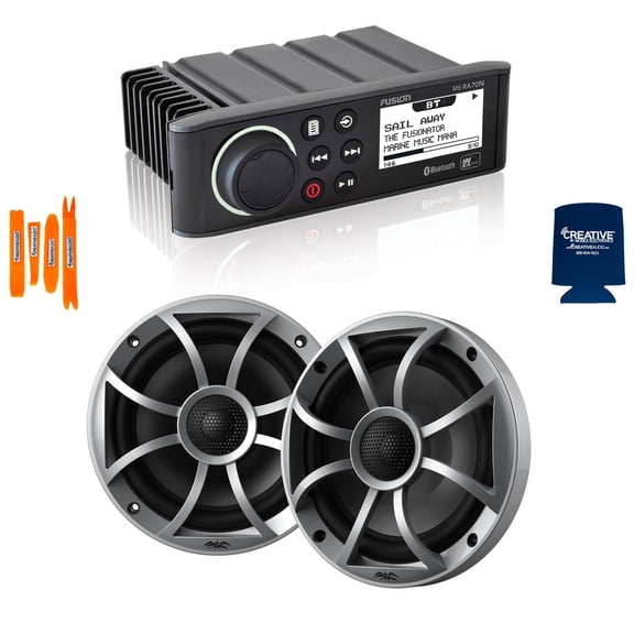 Fusion MS-RA70N Marine AM/FM/BT/NEMA2000 Stereo with 1 Pair Wet Sounds RECON 6-S High Output 6.5" Marine Coaxial Speakers, Silver Grill