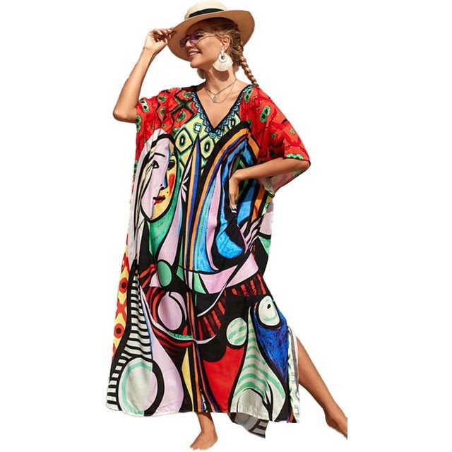 LinYooLi Swimsuit Coverup Women Beach Robe Print Long Blouse Plus Size Bikini Gown Holiday Dress