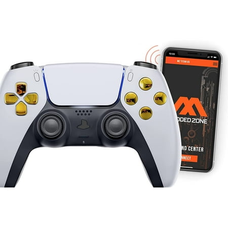 White|Gold SMART Rapid Fire Custom Modded Controller compatible with PS5 Playstation 5 for FPS & COD games (control mods via phone APP. Anti Recoil Mod is available via the App))