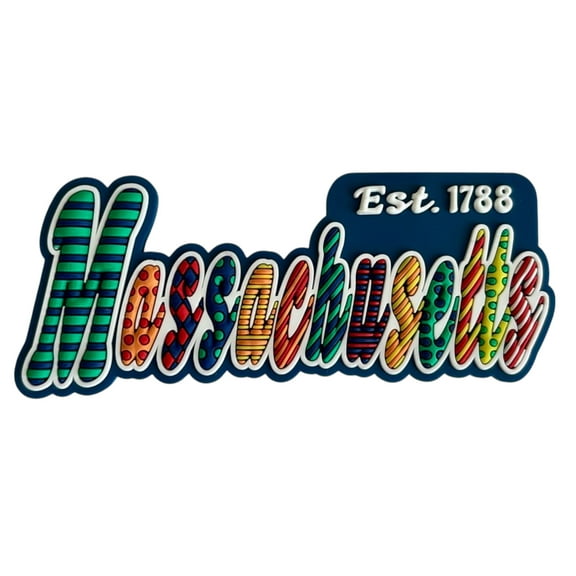Massachusetts Festive Multicolor Letters Fridge Designer Magnet 3.25" x 1.25"