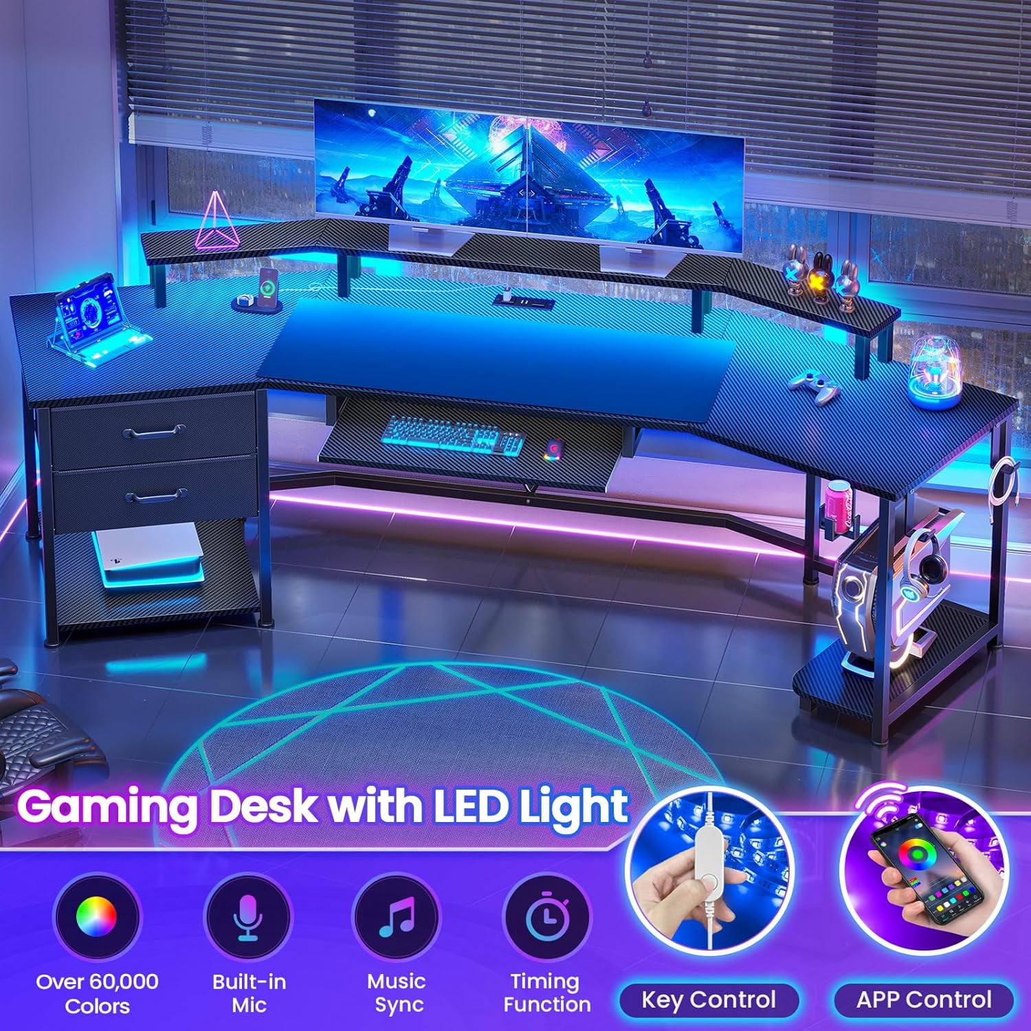 SEDETA 79" Gaming Desk with LED Lights and Power Outlets, U Shaped Desk with Monitor Stand and Drawers, Gaming Table with Keyboard Tray, Cup Holder and CPU Stand for Bedroom, Carbon Fiber Black
