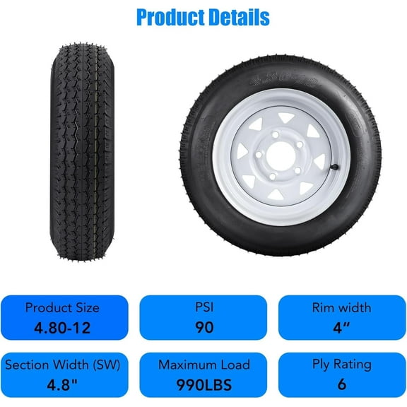 Accreate 2-pcs 4.80-12 4.80x12 480-12 4.80-12 Tires with 12'' Rims, 2 Pack 4.80-12 Tire 5 Lug on 4.5'', Load Range C 6PR