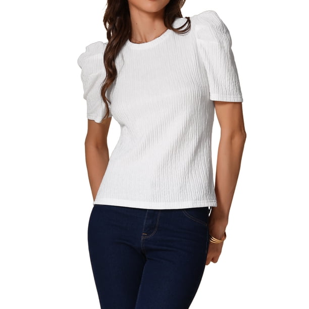 Blusa casual de verano para mujer con mangas cortas abullonadas y cuello redondo M blanca