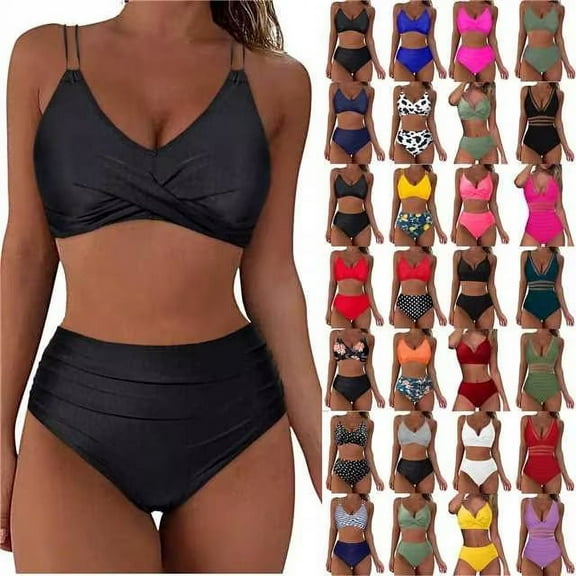 lcziwo High Waisted Bikini Sets for Women Summer Swim Top with Built in Bra Two Piece Swimsuit Solid Color Ruched Bathing Suits Black L Lightening Sale