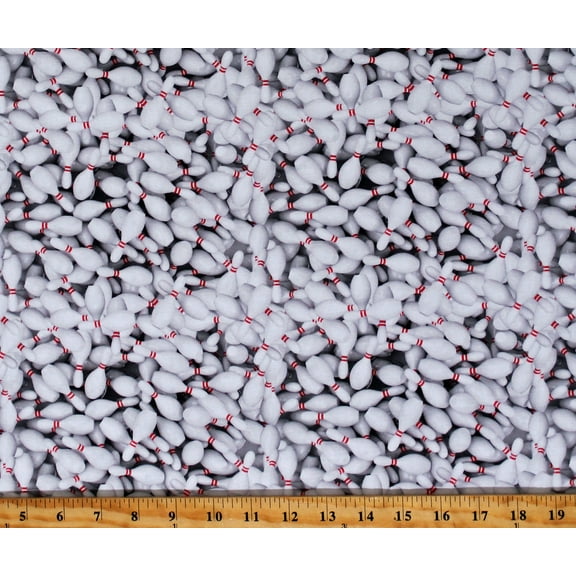 Cotton Bowling Sports Bowling Pins Allover Strikes Spares White Cotton Fabric Print by the Yard (120938)