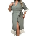 thumbnail image 2 of Fanxing Plus Size Robes for Women Ruffle Short Sleeve Lightweight Bathrobes V Neck Long Nightgown Sleepwear Green 3XL, 2 of 6