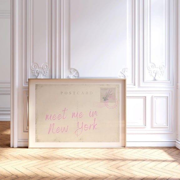 Meet Me In New York Postcard Print, Pink Trendy Wall Art, Vintage Dorm Room Decor, Retro Travel Poster, College Apartment,, Unframed Poster Size 8x12