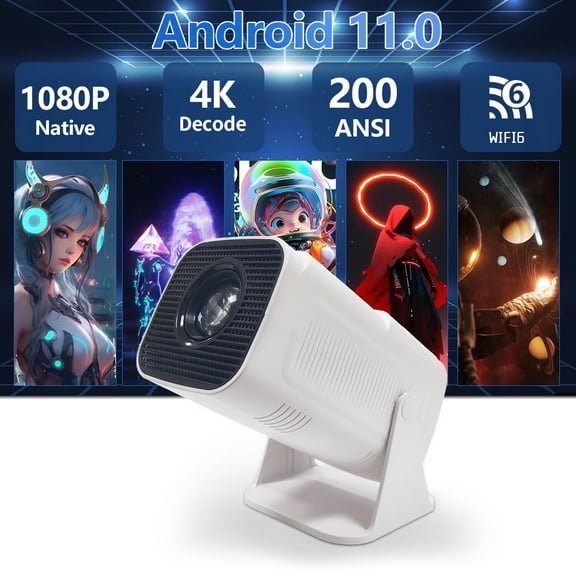 Mini Portable Projector with WiFi and Bluetooth, Built-in Android 12, Streaming Apps for Netflix/YouTube/Prime Video, Auto Keystone, Power Focus, 130'' Display, HDMI/USB, Ceiling Rotatable