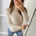 thumbnail image 2 of Fiaer Fall Turtleneck Sweaters for Women Slim Fit Cozy Long Sleeve Solid Lightweight Fashion Comfort Button Decor Knit Tops Beige M, 2 of 7
