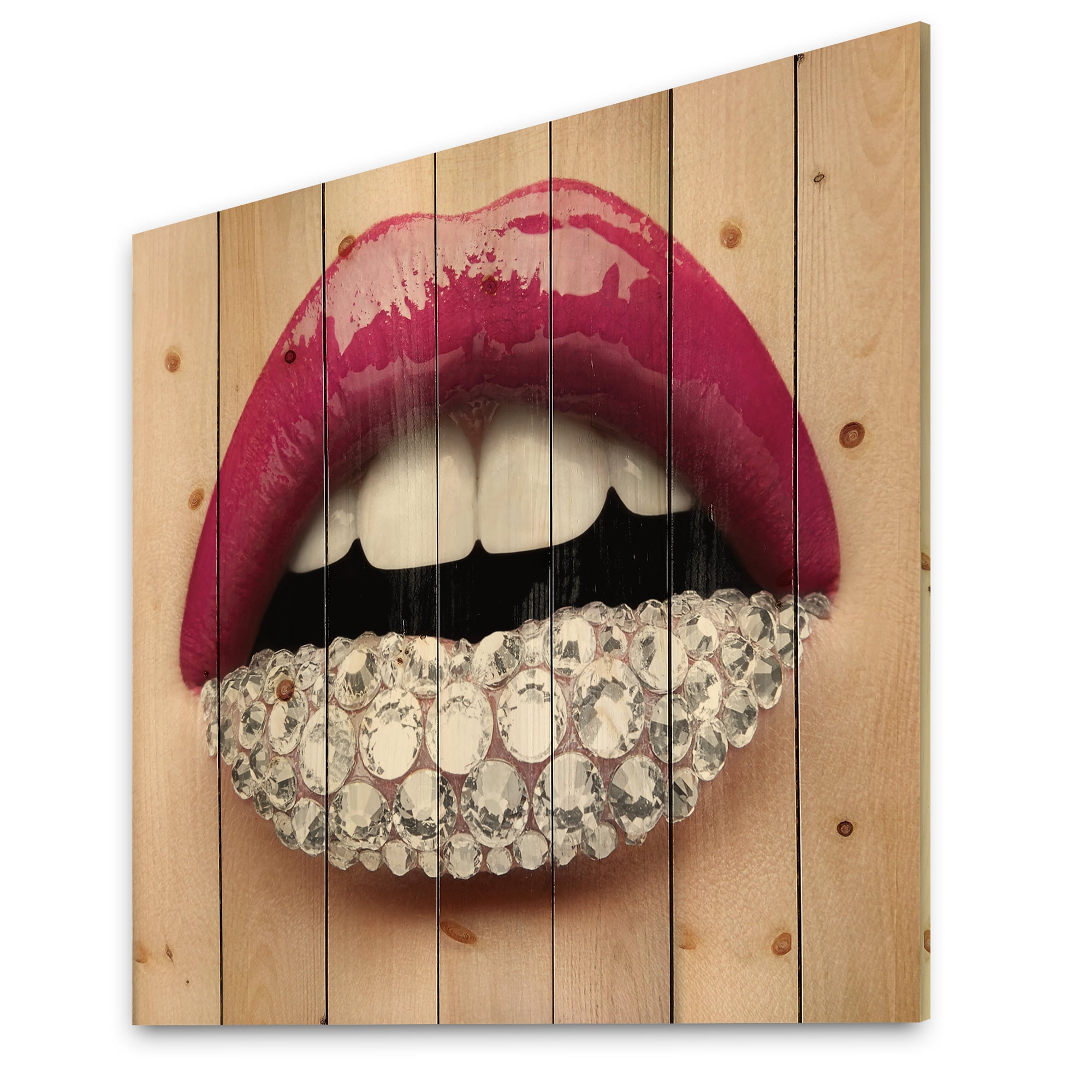 Designart 'Girl Lips With Pink Lipstick White Diamonds' Modern Print on Natural Pine Wood