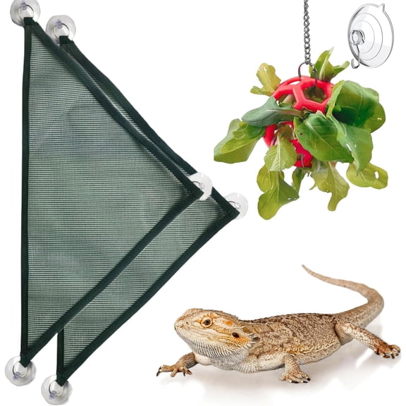 Bearded Dragon Reptile Hammock Enrichment Cage Accessories, Bearded Dragon Feeder Ball and Breathable Mesh Hammock, Reptile Tank Accessories