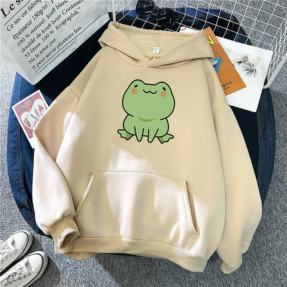 Ruimatai Women's Cute Frog Print Hoodie Long Sleeve Casual Pullover Sweatshirt Cozy Fleece Lined Tops for Women Fashion Loose Fit All Season