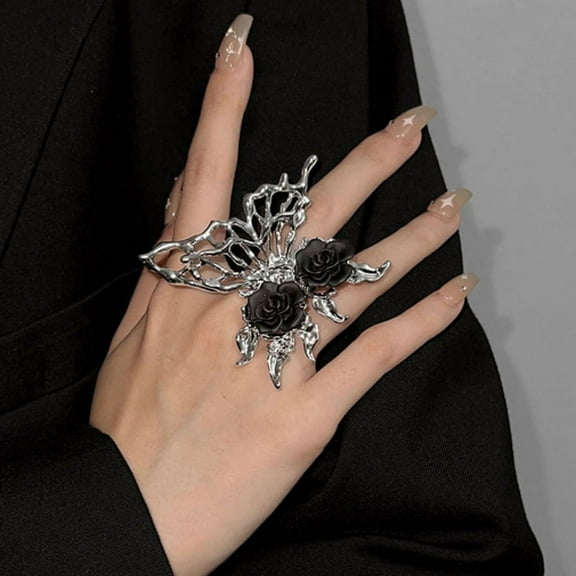 Vintage Punk Metal Black Rose Liquid Butterfly Opening Ring For Women Exaggerated Adjustable Animal Ring Aesthetic Jewelry Gift