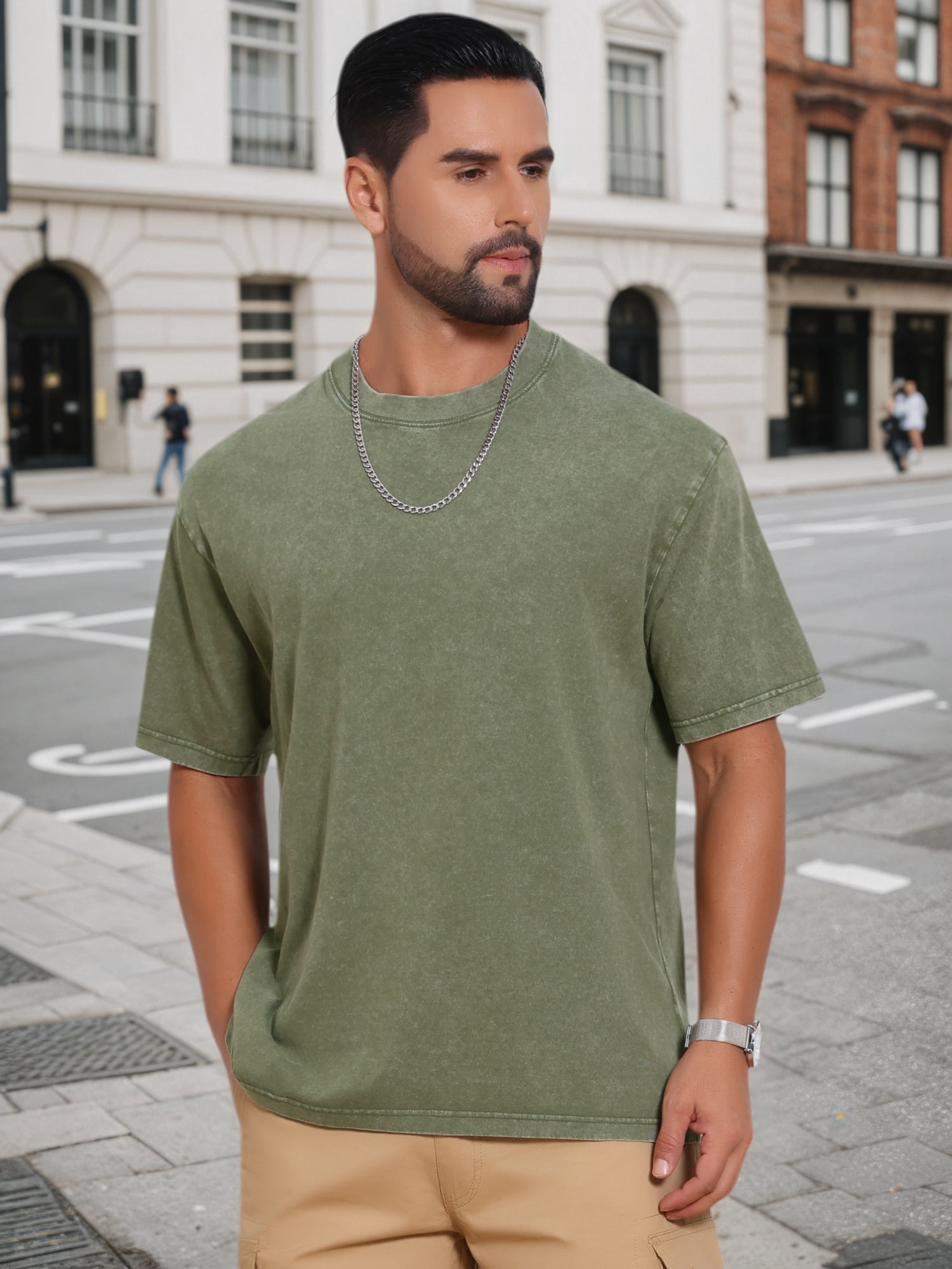 DARING DIVA Men's Retro Distressed Crew Neck Short Sleeve Solid T-Shirt L Olive Green