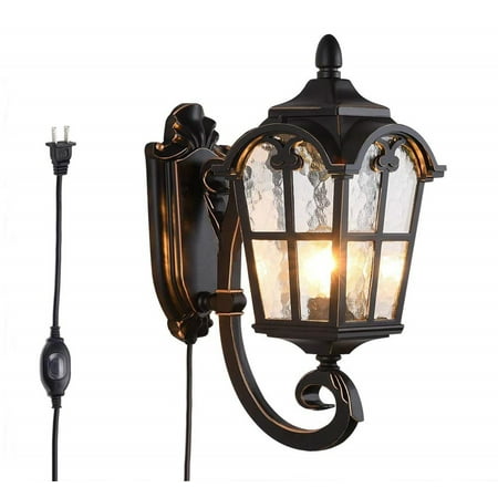 

FSLiving Waterproof Wall Sconce Plug-in Wall Mount Lantern Downward Fixture Traditional Desigh Black Finish Water Glass Shade UL Listed for Outdoor/Indoor - 1 Light
