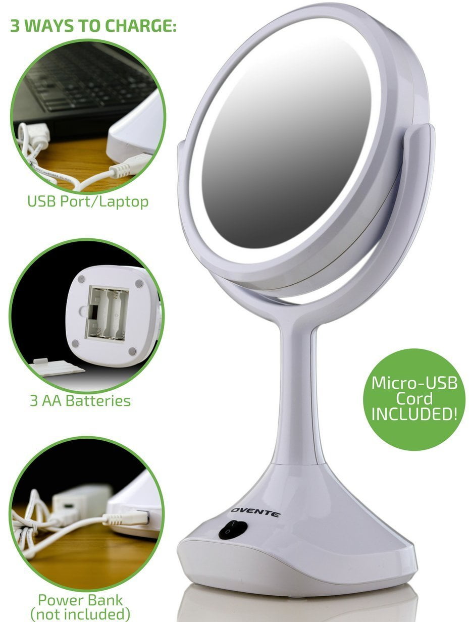 Ovente Dual Sided 6 Lighted Tabletop Makeup Mirror Battery Or Micro Usb Android Cable Operated 1x 5x Magnification Cool Led Light Pink