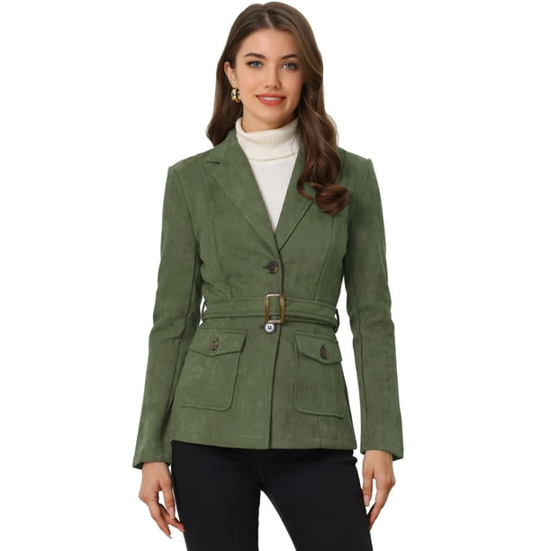 Blazer de gamuza sintética para mujer con cinturón de manga larga de un solo pecho Chaquetas de trabajo Outwear Coat Ejercito Verde XS