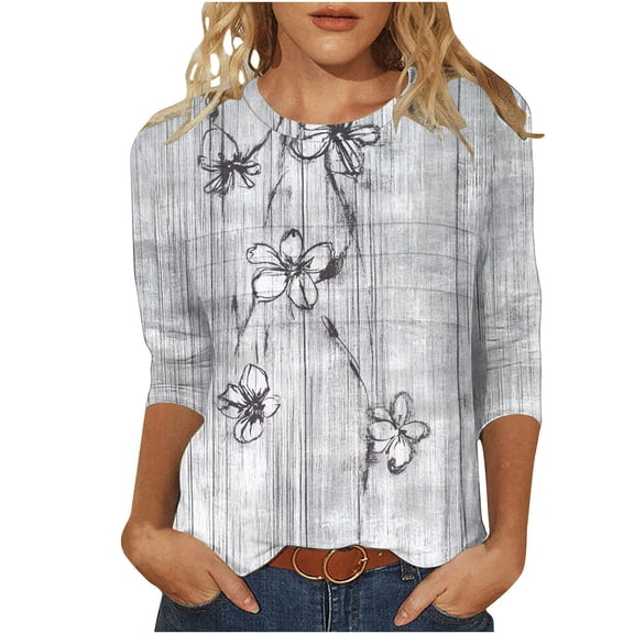 CYMMPU Flower Printed 3/4 Sleeve Spring Tops Fall Fashion Shirts Loose Fit Blouses for Women Dressy Casual Crew Neck Tunic Tops Lightweight Basic T-Shirts Gray L