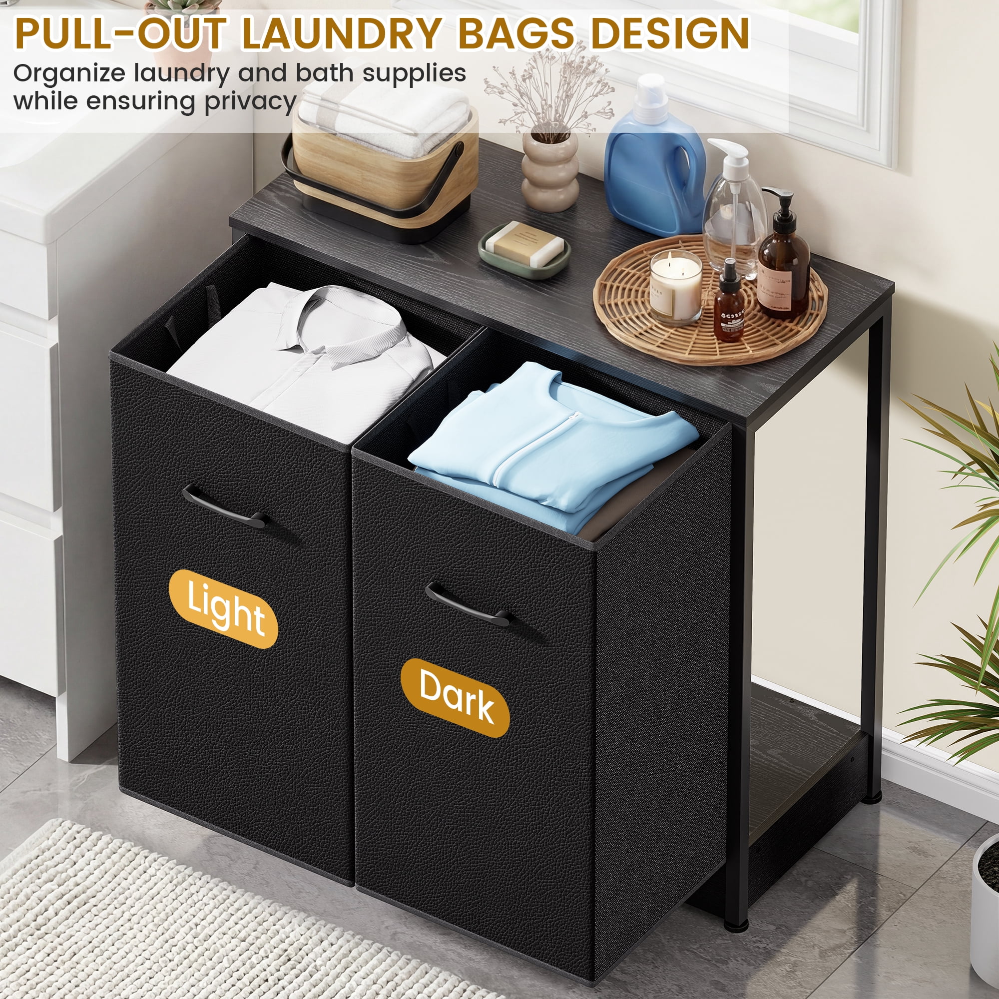 Pull-Out Laundry Sorter Cabinet With Removable Bags, 140L (2x70L) Laundry Hamper With Sturdy Frame & No-Sag Bags For Organized Bedroom, Bathroom, Laundry Room