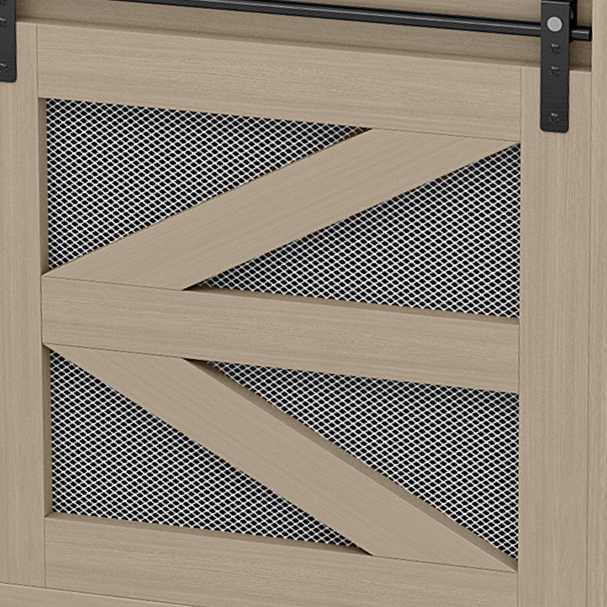 Uforic Oak Queen Size Bed Frame with Steel Mesh barn Door, Charging & Storage, Platform Bed in Modern Rustic Design