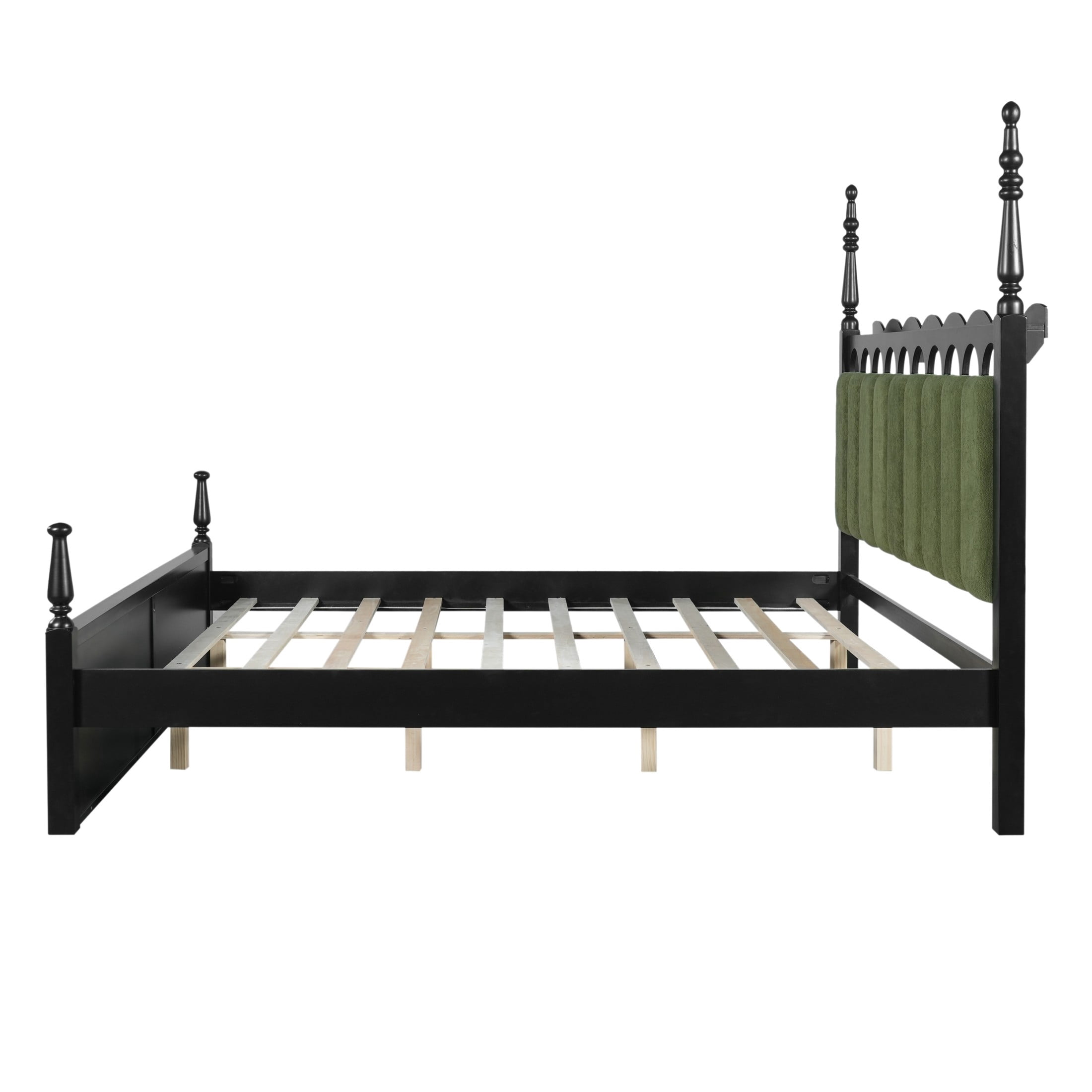 Christopher Knight Home King Wood Bed Frame with Scalloped Tufted Chenille Headboard, Black+Green