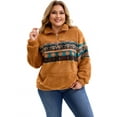 thumbnail image 1 of Sudadera de felpa para mujer de talla grande GRACE & GRANDEUR con estampado occidental azteca, pulóver con cremallera de 1/4, manga larga, chaqueta casual con bolsillos 2X marrón, 1 of 5