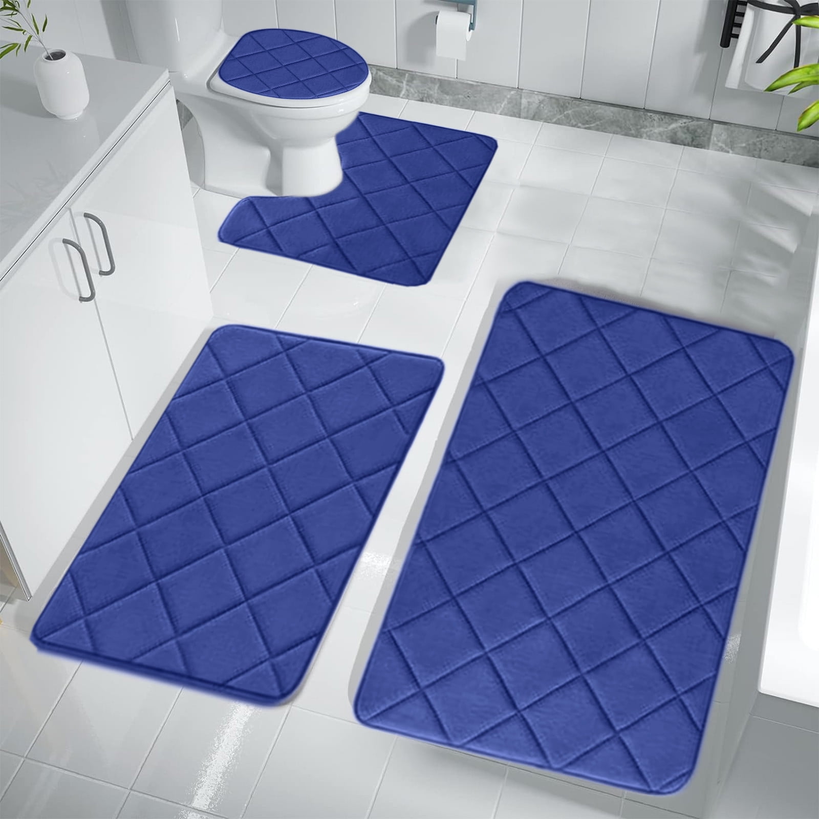 Jioakfa Memory Foam Bathroom Rugs Set 4 Pieces, Soft Non Slip Bathroom Mats Set With Pvc Backing, Extra Thick Bath Mats For Bath Room, Machine Washable Bath Rugs For Tub, Toilet And Floor Blue