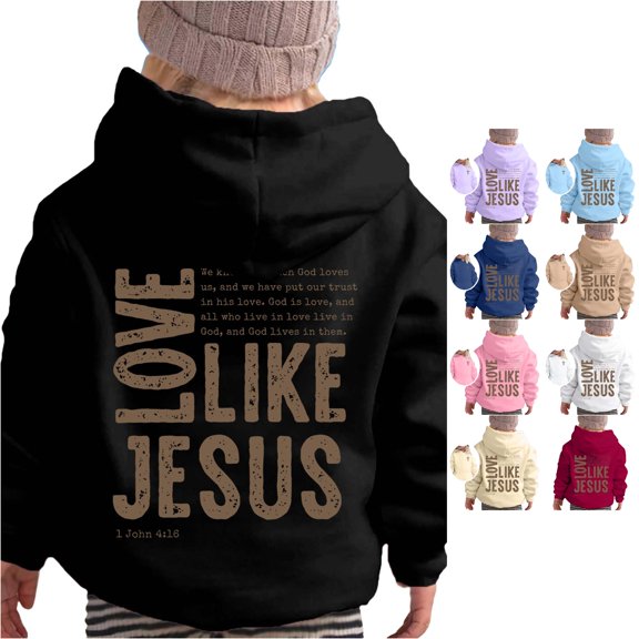 JAJAHO Boys Girls Hoodies Jesus Letter Printed Kids Long Sleeve Hooded Sweatshirts Loose Fit Pullover Tops 2-13Y