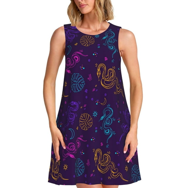 Vsdgher Robes d'Été Imprimé Serpent Coloré pour Femmes Robe de Plage Décontractée Col en U Sans Manches Robe d'Été Ample avec Poche