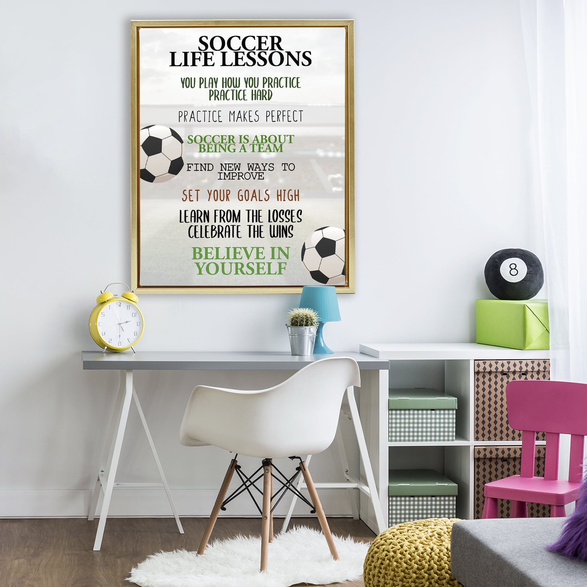 Soccer Life Lessons Gold Framed Floater Canvas Wall Art, design by Kim Allen
