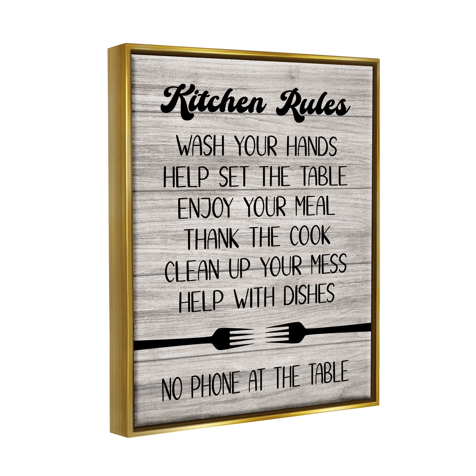 Stupell Industries Rustic Kitchen Rules Food & Beverage Painting Gold Floater Framed Canvas Art Print Wall Art, 17 x 21