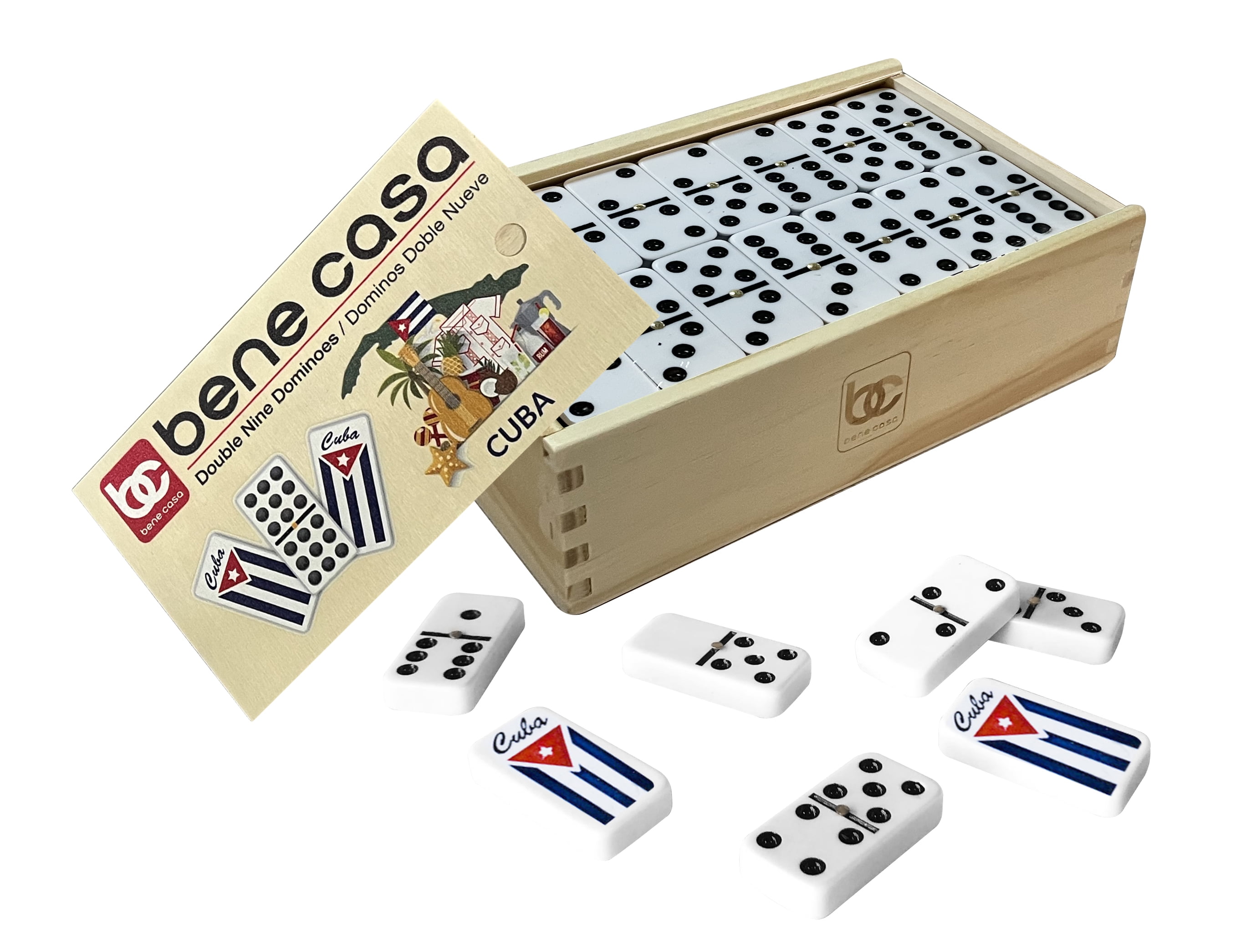 Bene Casa 55-Tile Handcrafted Cuban Double 9 Domino Set with Wooden Storage Box