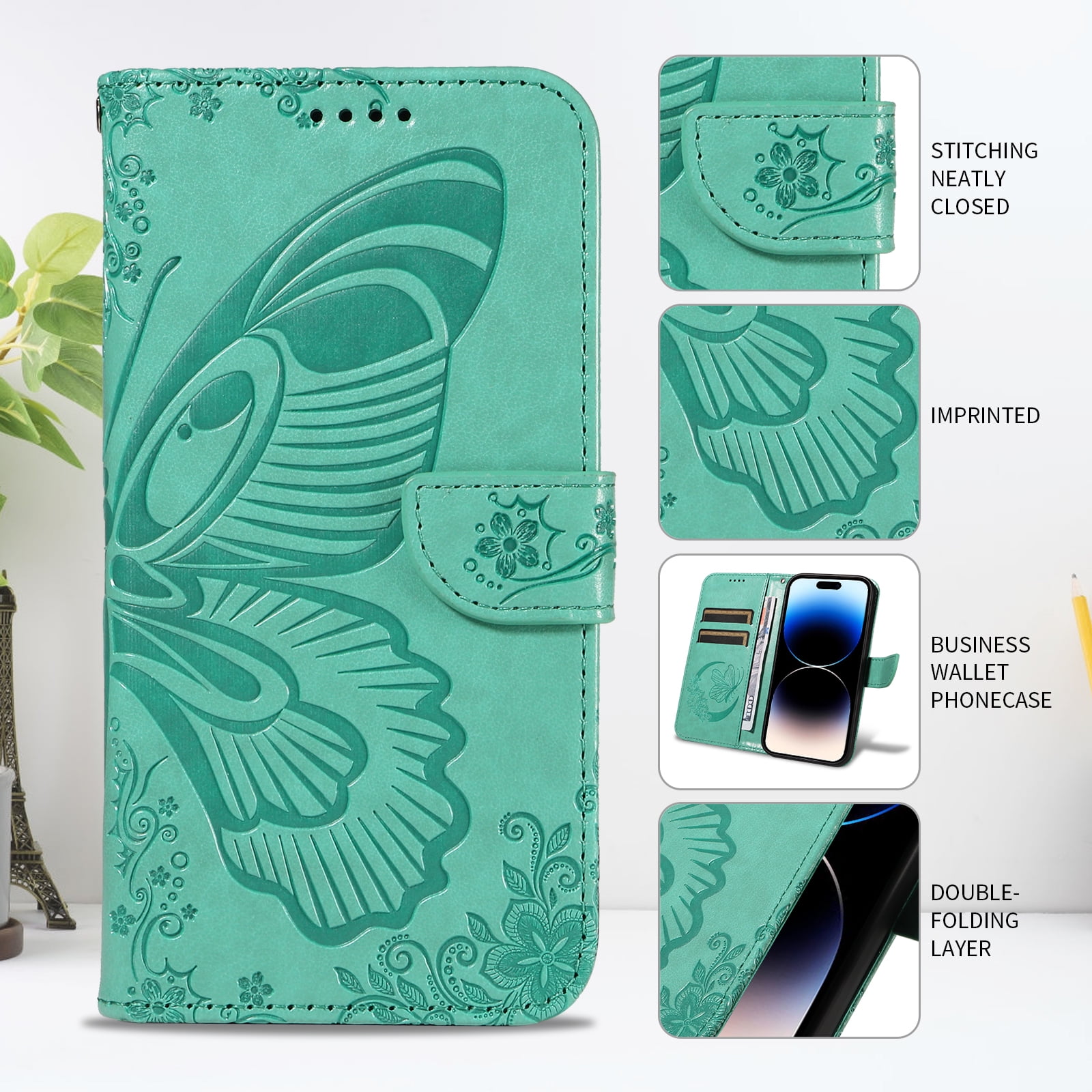 TECH CIRCLE PU Leather Case for iPhone XS & iPhone X (5.8") 2018 - Cute Butterfly Folio Case with Magnetic Strap for Full Coverage Protection, Designed with Stand /Card Slots /Wrist Strap, Green