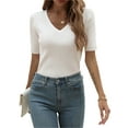 thumbnail image 2 of Liacowi Women Junior Slim Knitwear Summer Women Leisure V-neck Short Sleeve Tops Base Shirt, 2 of 9