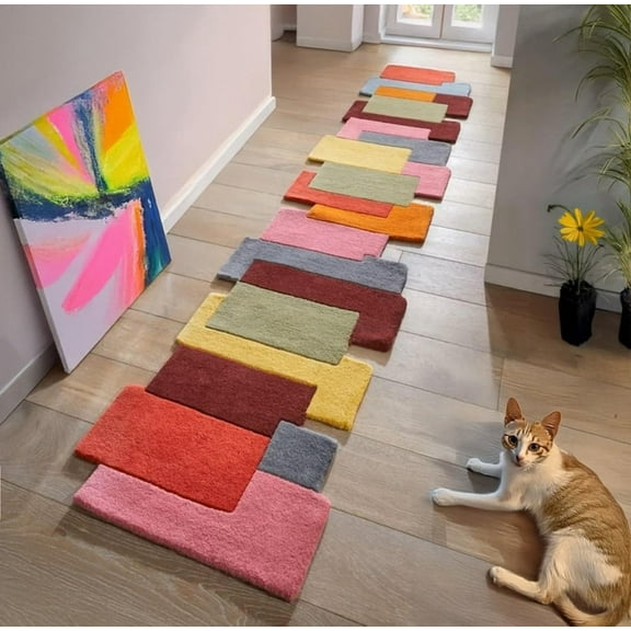 Avyay Rugs Multi-Color Wool Runner Rug – Handmade, Irregular Block Pattern, Artistic Geometric Design Carpet for Living Room, Bedroom, Kitchen & Home Decor (2'6" x 8', Multi Color)