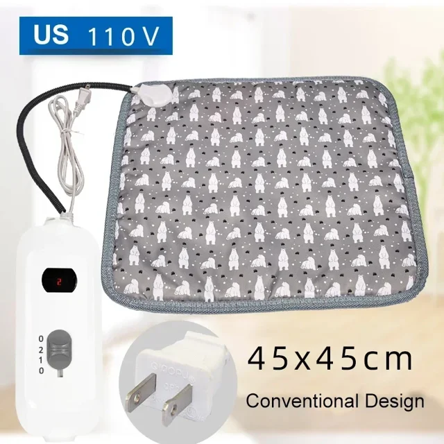 Coussin Chauffant pour Animaux de Compagnie Imperméable Réglable avec Minuterie 20W Double Tension en Velours Gris