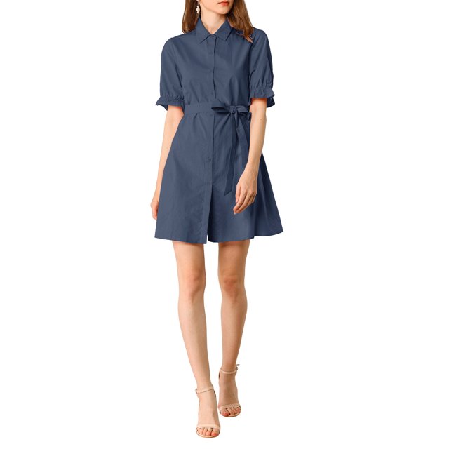 INSPIRE CHIC Robe-Chemise Décontractée pour Femme à Manches Courtes, Couleur Unie, Boutonnée, TP Bleu Marine