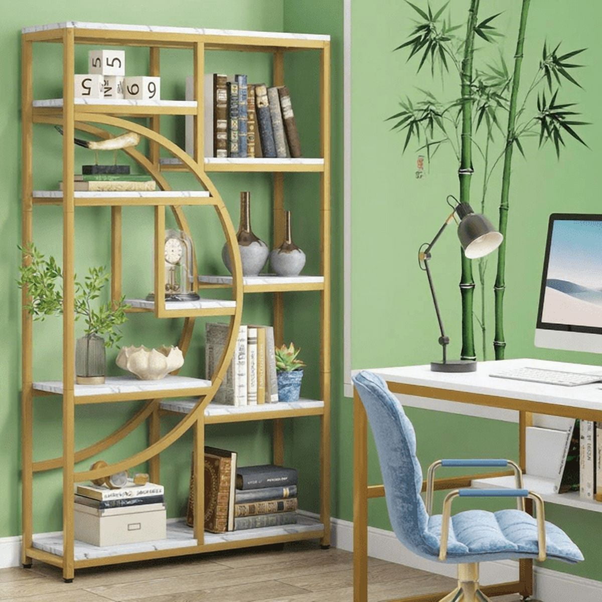 9-Tier Etagere Bookcase, Gold Metal Frame with White Marbling Boards, Half-Moon Silhouette, Industrial-Chic Design for Living Room/Home Office