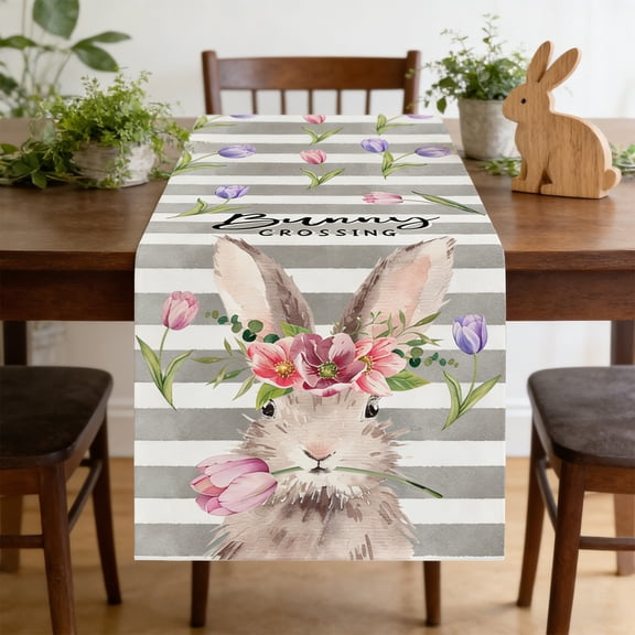 Easter Table Runner Bunny Print Linen Fabric Long Dining Table Decor for Holiday Party Spring Celebration(A)