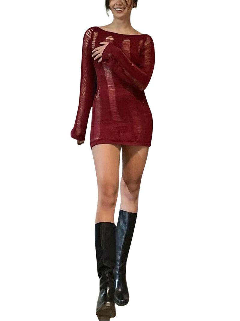 Linjianvhai Women Sexy Mini Dress Knit Mesh Cut Out Dress Backless Long  Sleeve Ripped Bodycon Indie Girls Party Dress (Black, S) - Walmart.com