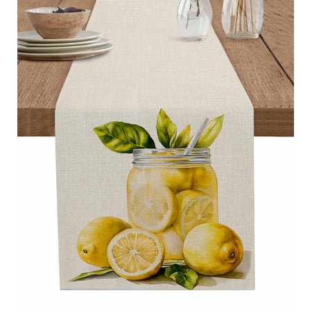 Summer Lemon Table Runner 70 Inches Yellow Fruits Green Leaf Vase Rustic Bed Runner Dresser Scarves Tabletop for Indoor Outdoor Parties/Ceremony/Banquet 13 x 70