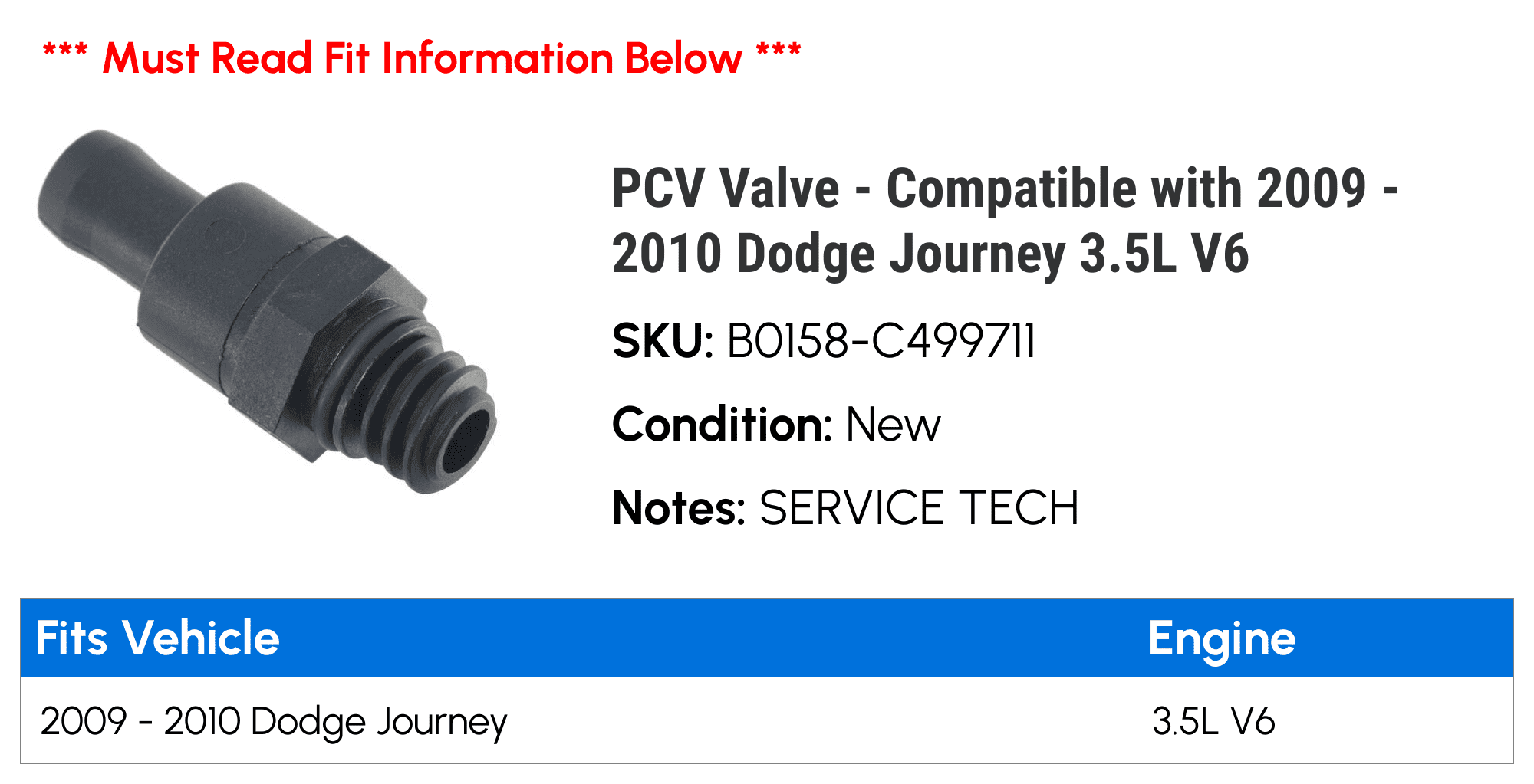 PCV Valve - Compatible with 2009 - 2010 Dodge Journey 3.5L V6