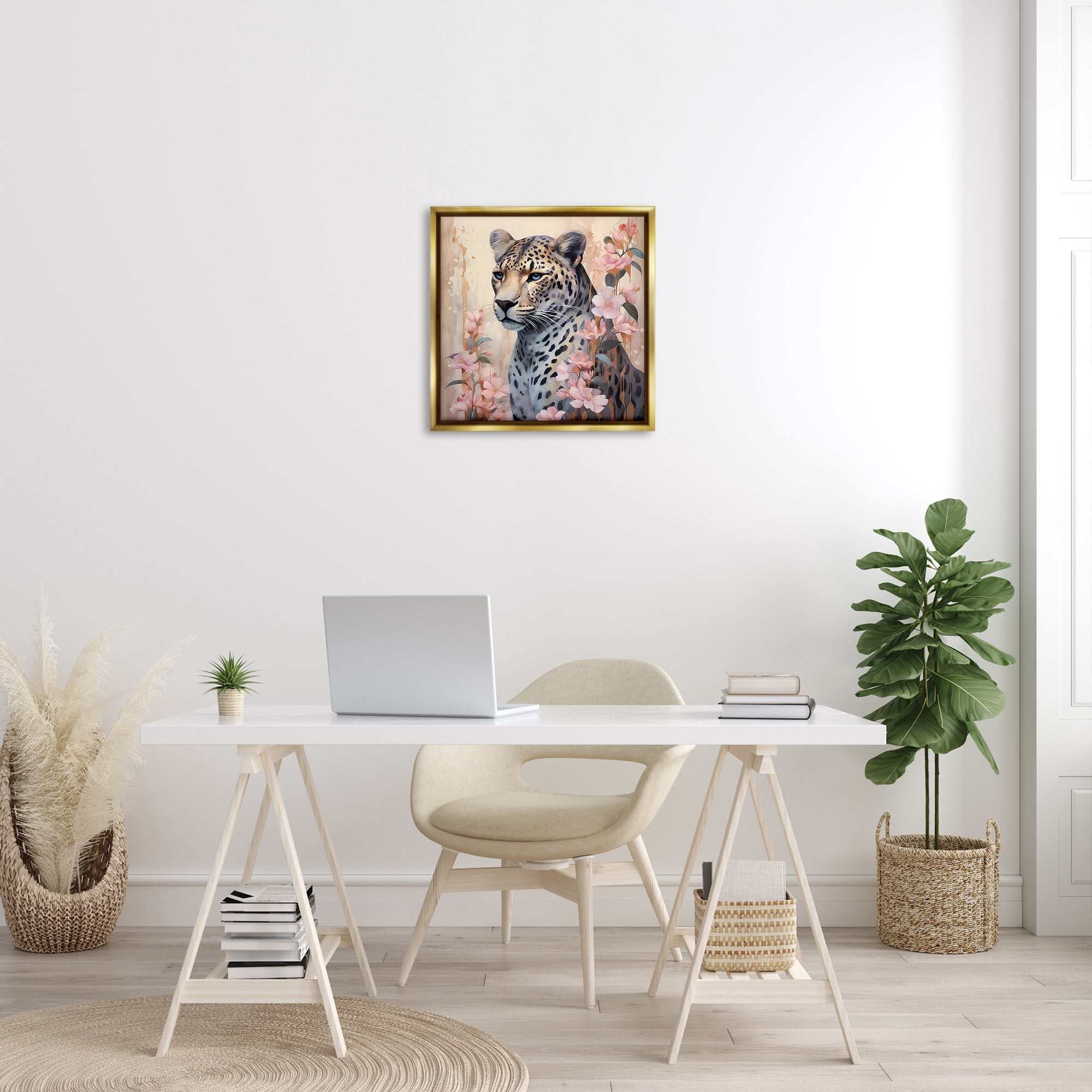 Stupell Industries Leopard with Pink Flowers Animals & Insects Painting Gold Floater Framed Canvas Art Print Wall Art, 25 x 25